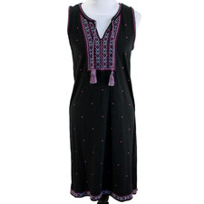 J Jill Embroidered Sleeveless Knit Dress Womens Size S Black Split Neck Ties