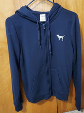Victoria's Secret "Pink", Full Zip Hoodie Sweatshirt, Navy w/Silver Dog, S