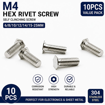 10x M4 Stainless Steel Hex Rivet Screw 6/8/10/12/14/15-25mm Self Clinching Screw