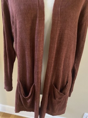 Eileen Fisher Italuan Yarn Cardigan Sweater Brick Brown Size M Pockets Ribbed
