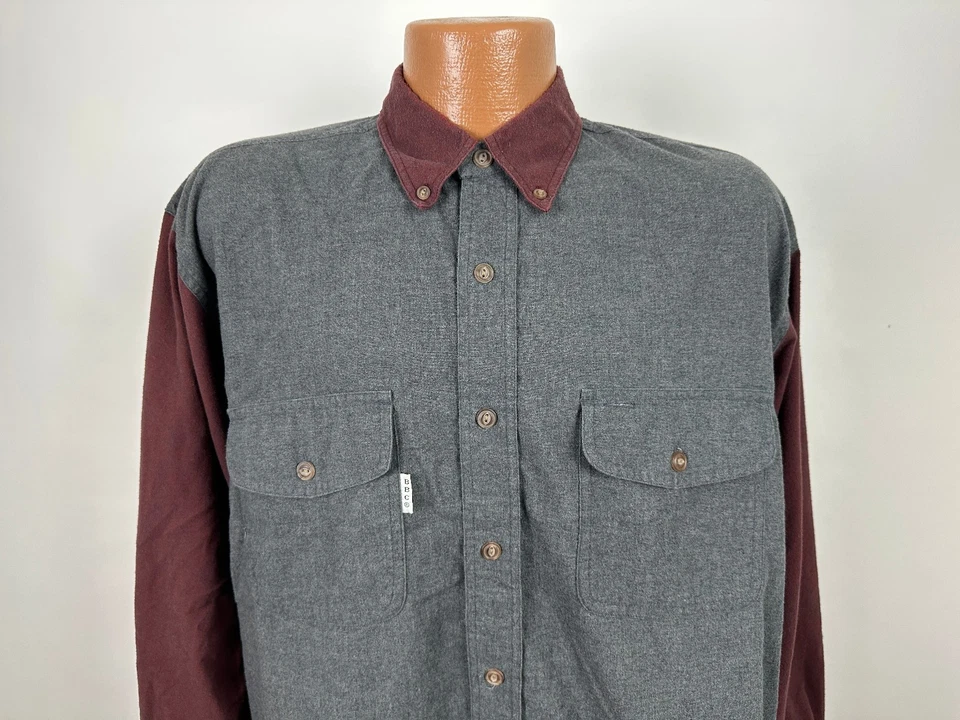 Camisa Vintage Años 80 Colorblock Hombres L Apretada Abotonada Mínimo Granate Gris Corneta Niño Foto 2 de 4