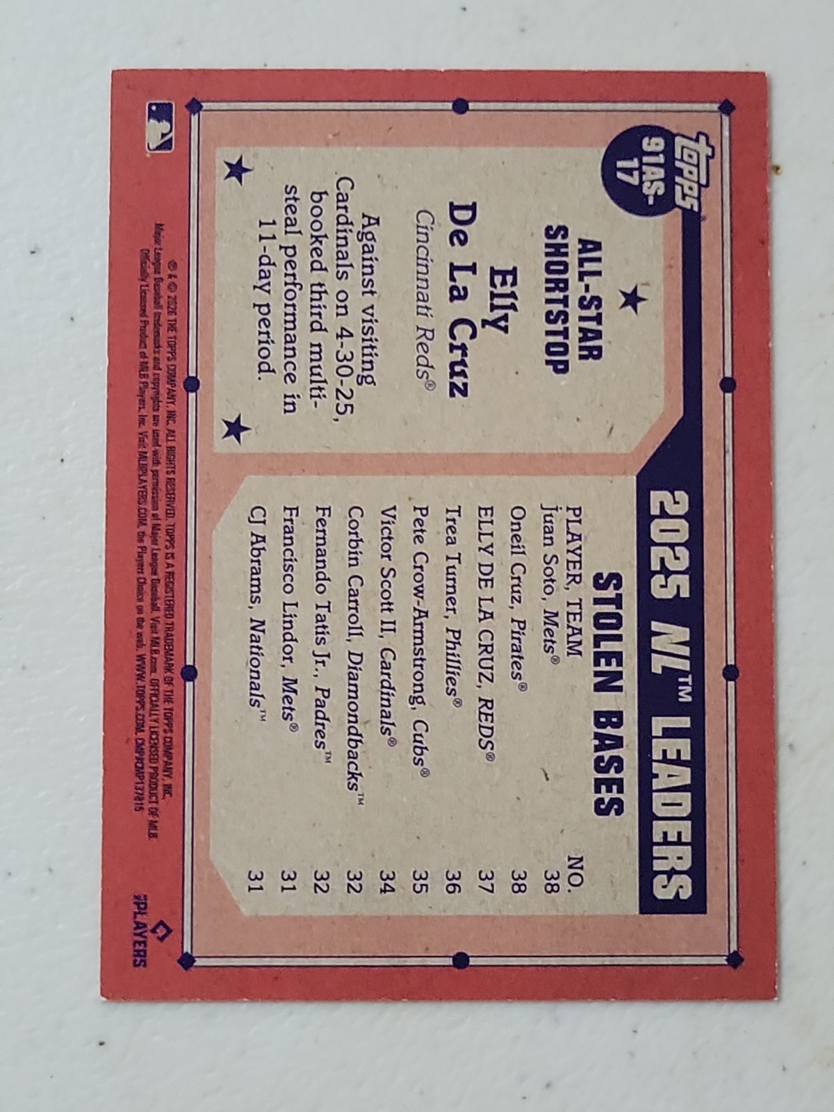 Red Insett Topps 2026 Series 2 All-Star Insert #91AS-17 Elly De La Cruz Reds ...