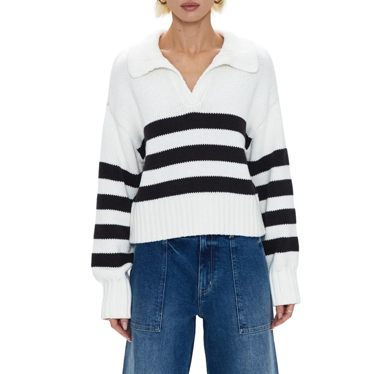 PISTOLA Women's Arlo Striped Collared Sweater Cream White Black Cropped Knit XS