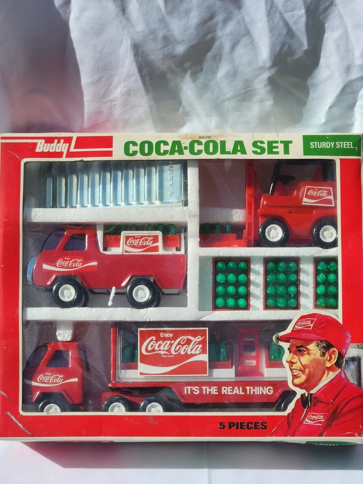 Juego Buddy L Coca-Cola 1976 de colección (5 piezas) #4973C acero bruto resistente, RARO, camión Foto 3 de 4