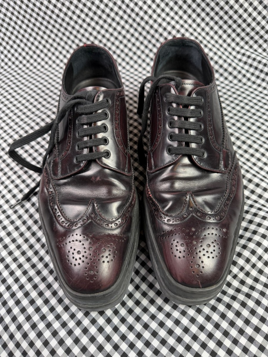 Prada Platform Brogue Shoes Burgundy Leather Wingtip Lace Up Mens