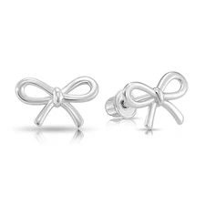 14K Solid White Gold Dainty Ribbon Bow Sleeper Stud Earrings Screwback All Sizes