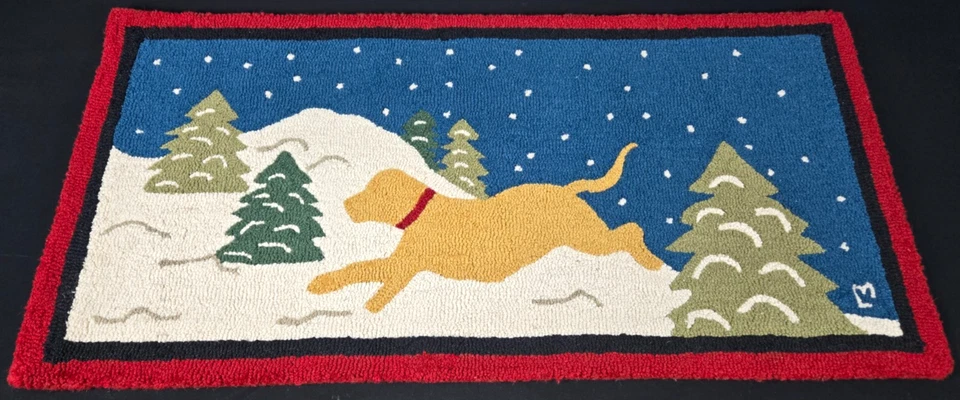 Tapete de lã 48" x 24" amarelo neve cachorro gancho Chandler 4 cantos Laura Megroz inverno - Imagem 2 de 4