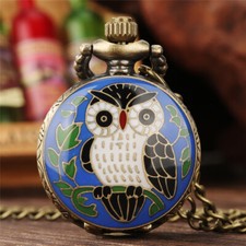 Steampunk Mini Blue Night Owl Children Quartz Pocket Watch Necklace Chain Gift