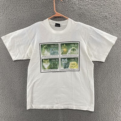 VINTAGE USPS T Shirt Men Large White Cat Postal Stamp Card 1987 Graphic 80s