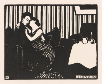 Queuing Beatrice V. Ronald 1980 版画 The Lie – Félix Vallotton 1898 Woodcut Print, Symbolist Intimacy