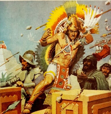 1937 The Aztecs Kill Montezuma Litho Art Print Cortez Spanish Invasion DWN8A