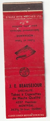 where to buy cigarettes in montreal MATCHBOOK COVER - J.E. BEAUSEJOUR TOBACCO CIGARETTES NORMANDIE - MONTREAL  CANADA