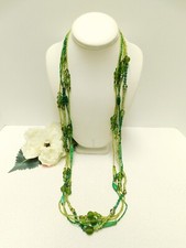 VINTAGE MULTI STRAND GREEN ART GLASS BEAD FASHION NECKLACE 36"
