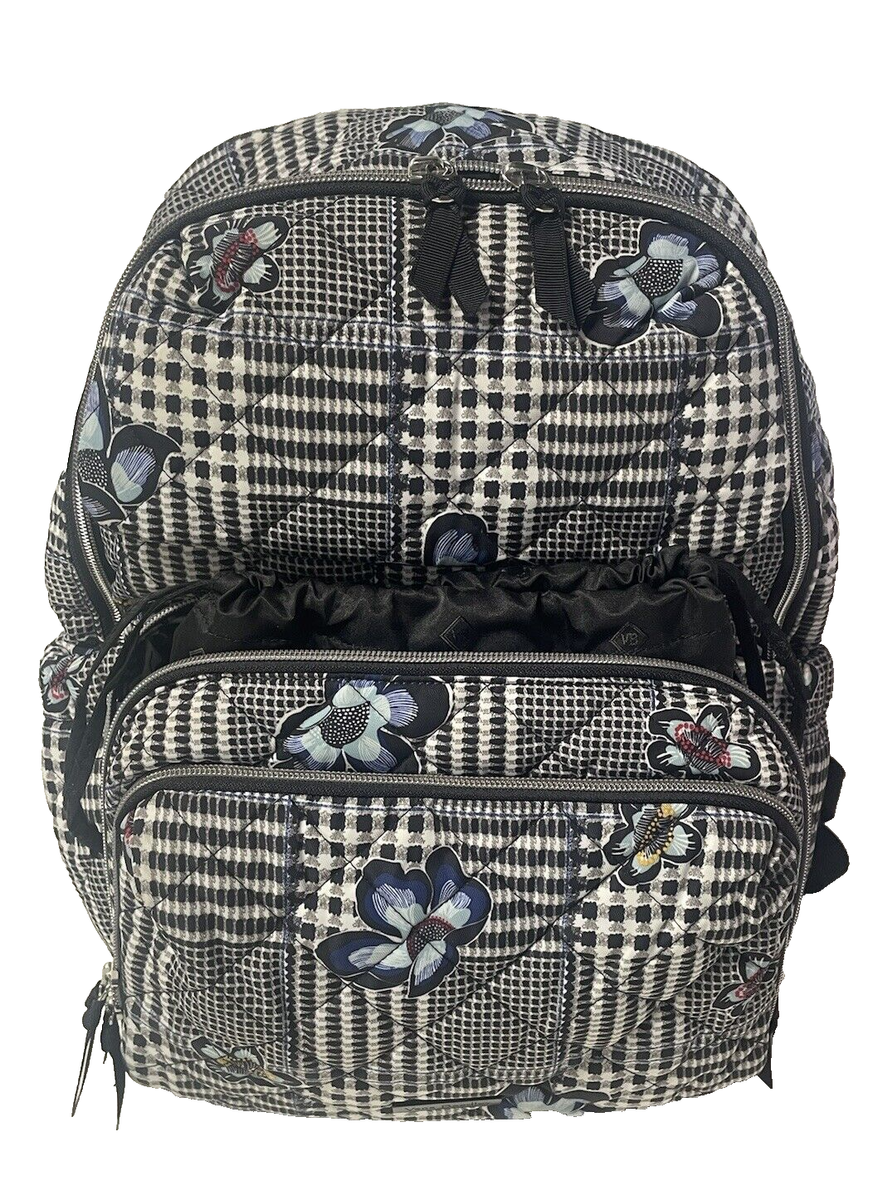 Vera Bradley Black and White Plaid Quilted Backpack with Floral Accents Travel Backpack - Performance Twill | Vera Bradley – Vera  main image 3