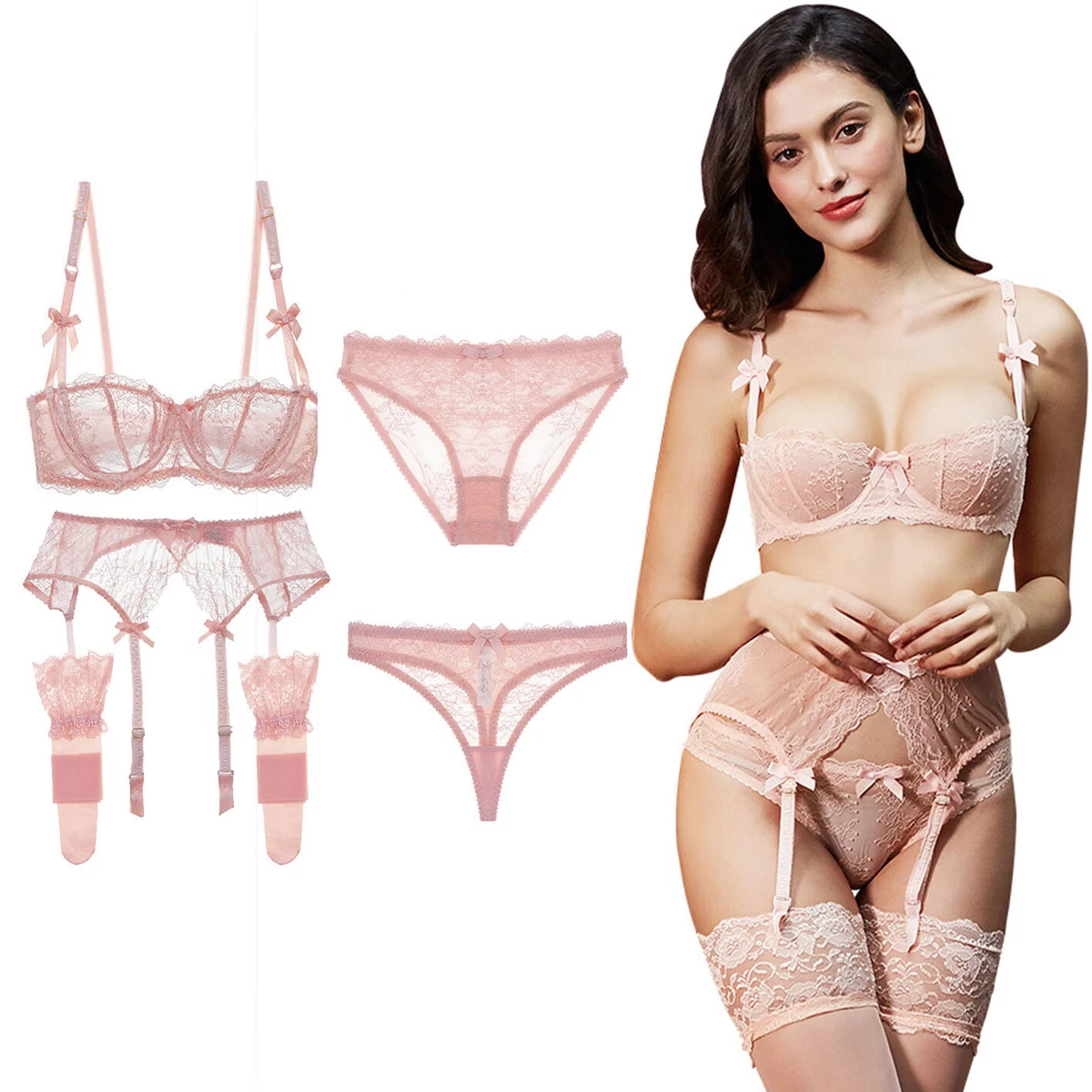 See through Sheer Sexy Lingerie Sets Bra Panty with Garter Belt Stockings