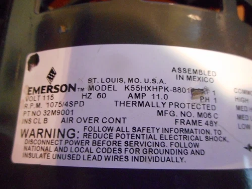 EMERSON K55HXHPK-8801 Blower Motor 1HP 115V 1075RPM 4SPD 1PH 60Hz