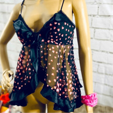 Black Lingerie W Pink Hearts OS Silky Sash Tie Ruffles Open Front Coquette