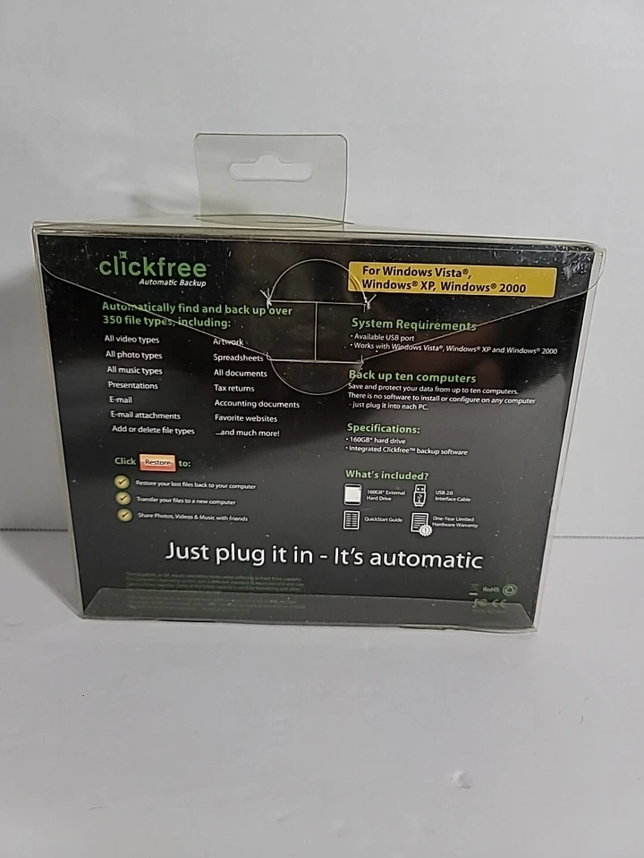 Clickfree Automatic Backup 160GB External Hard Drive Portable Backup NEW SEALED - Image 2 of 4