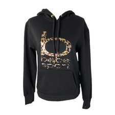 Bebe Sport Womens Small Hoodie Black Animal Print Foil Logo Front Pocket