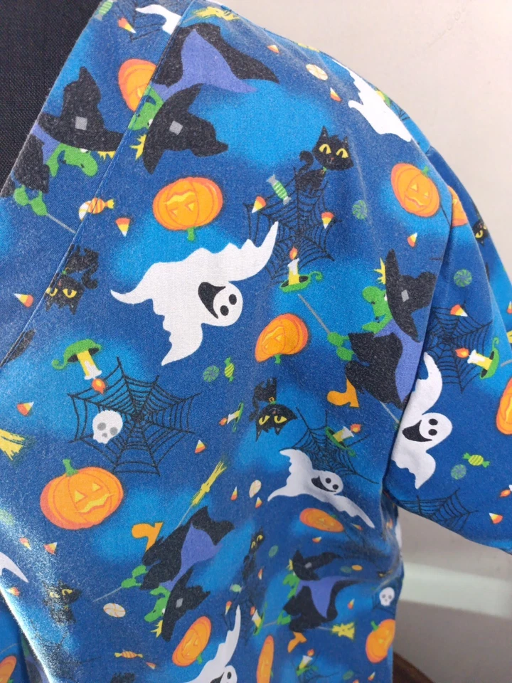 Zikit Medical Scrub Halloween Women's Large Multicolor Ghosts Pumpkin Witch - Image 2 of 4