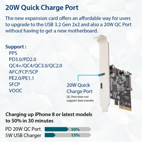 Syba SI-PEX20240 USB-C 3.2 Gen 2x2 + 20W QC Port PCI-e Gen 3 x4 Expansion Card - Image 4 of 4