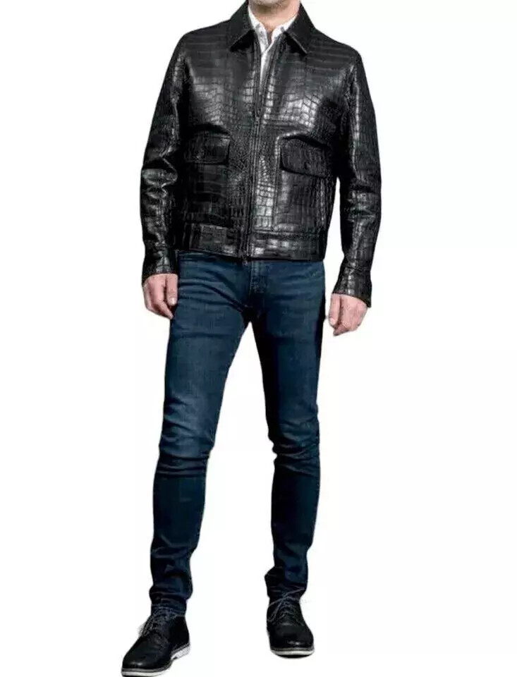 Men's Black Real Leather Crocodile Embossed Jacket Biker Alligator