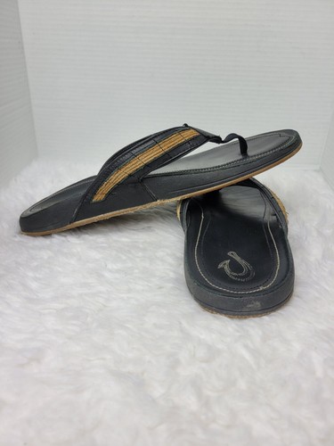 Olukai Kukui Men's Sandals Size 13 Black Leather Flip Flops Thongs Shoes - Picture 5 of 9