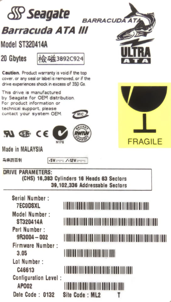 Seagate ST320414A 20GB Ata 7200RPM 3.5'' - Image 3 of 3