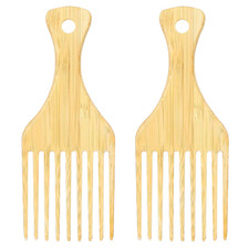 2 Pack Bamboo Afro Hair Pick Comb Set - Natural Anti-Static Wide-Tooth Detanglin