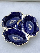 Czech Pirkenhammer Kobalt  Blue Porcelain 3 section Relish Candy Tidbit Dish