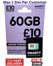 1 x NEW Smarty sim card, UK 60GB Data for £10  Pay As You Go