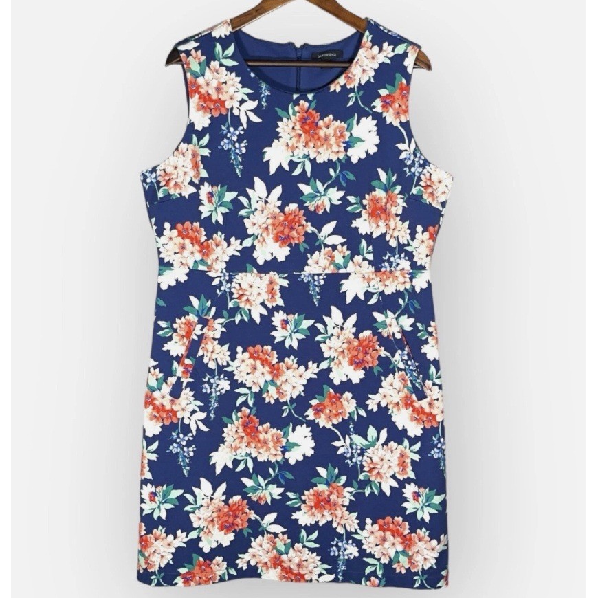 Lands End Womens Navy Blue Floral Sleeveless Pockets Sheath Dress Size 18