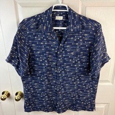 Brioni Short Sleeve Button Front Shirt Blue Geometric Rayon Made in Italy Men's