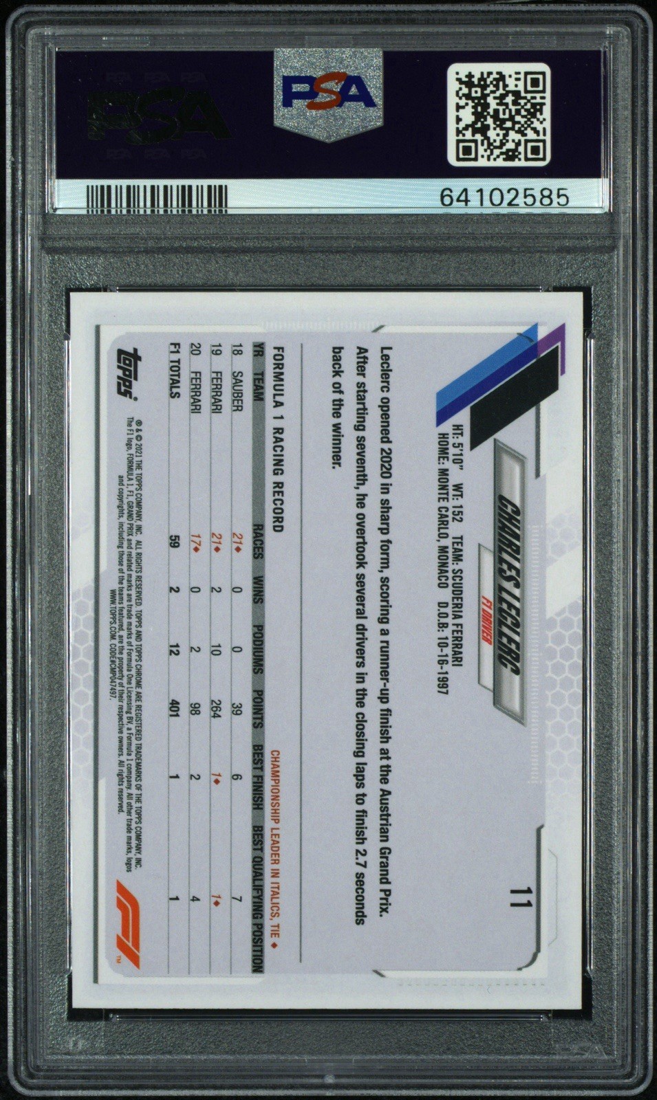 2021 Topps Chrome F1 Racers Charles Leclerc #11 Checker Flag Refractor PSA 9 view 2