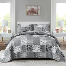 Black Grey Boho Quilt Set King Size,3 Pieces Plaid Floral Bedspread Coverlet Set