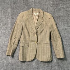 Talbots Womens Tan Green Plaid Cotton Linen Two Button Blazer Jacket Size 6