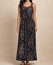 Lucky Brand Maxi Dress M Blue Paisley Floral Braided Detail Belt Boho Festival