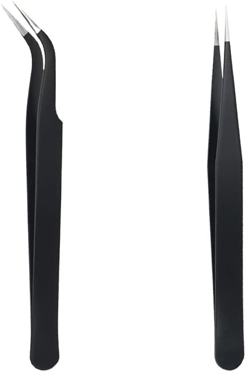 Precision Tweezers, 2PCS Stainless Steel Tweezer, Straight and Curved Tip Tweez