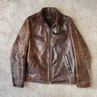 Schott NYC brown waxy cowhide retro moto jacket men s size M made in usa