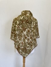 H70 Vintage Scarf Olive Brown Botanical Leaf Print Sheer Square Vintage