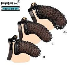 FRRK Stainless Steel Fishnet Chastity Device Men Mesh Cage Device Black Lock
