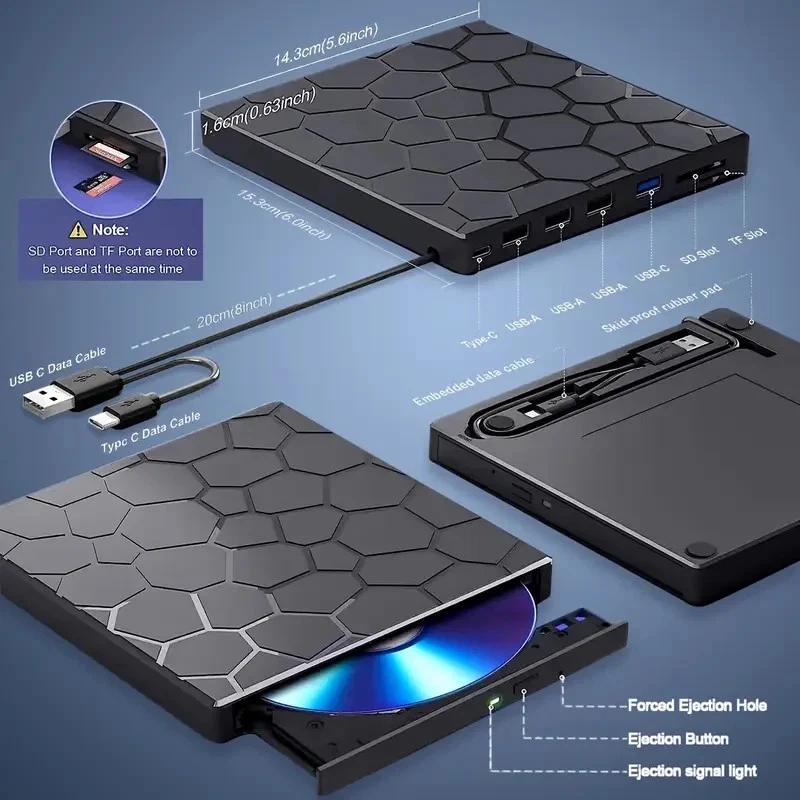 7 Port External DVD Drive CD RW USB 3.0 Writer Burner Player Black Laptop PC NEW - Image 2 of 3