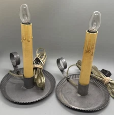 Tin Primitive Colonial Vintage Electric Crimped Candlestick Light 5.25x7.75”