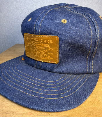 Vintage Levi Strauss & Co Denim Hat Snapback 70s Cap Orange Tab Leather Patch