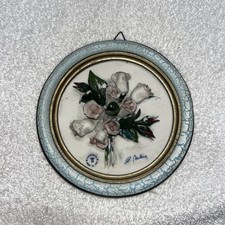Vintage Capodimonte Framed 3D Flower Wall Art Signed Green Frame