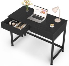 Small Black Desk with 2 Wooden Drawers, 40 Inch Home Office Writing Desk, Black