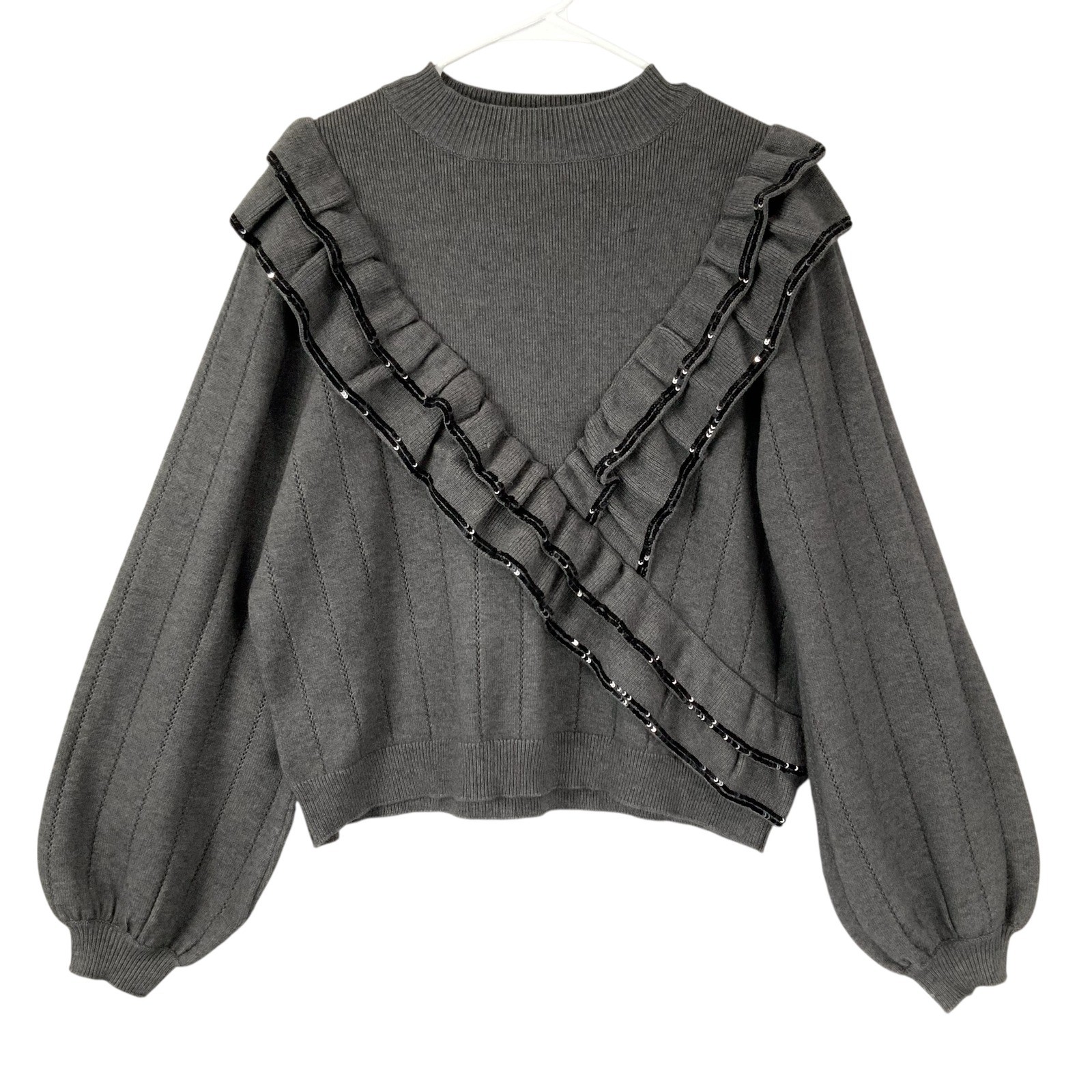 Caballero Grey Ruffle Sequin Mock Neck Balloon Sleeve Ribbed Pullover Sweater XL