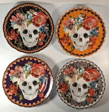 222 Fifth Marbella Skulls Salad Plates 8 1/2" Set of 4 'Day of the Dead'