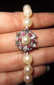 14K Vintage White Gold Ruby Art Deco Clasp Cultured Pearl Necklace Strand 16"