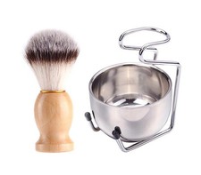 Silver  Beige Badger Hair Shaving Brush Kit with Metal Bowl, Wood Handle  Sta  